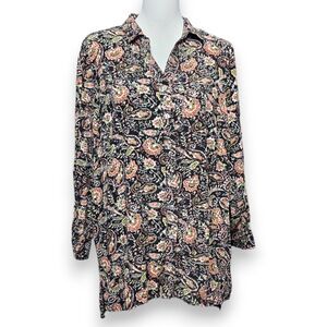 J Jill Long Sleeve Floral Paisley Button Tunic Blouse Top Sz M Petite Multicolor